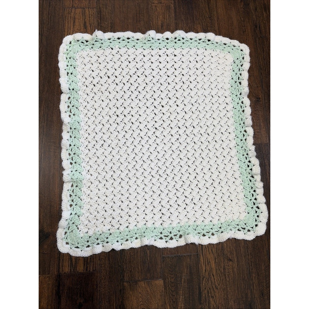 Handmade Crocheted Baby Blanket White Mint Green Border 29x24 Bassinet Size